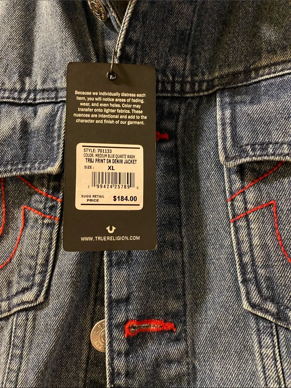 True Religion Cotton Stretch Logo Print Red Thread Blue Denim Jacket NWT